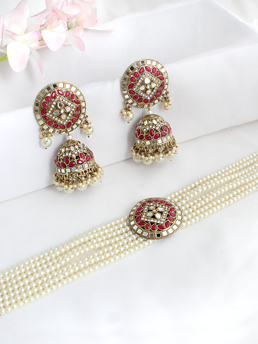 Ishrat Mirror Choker Necklace Set - Hot pink