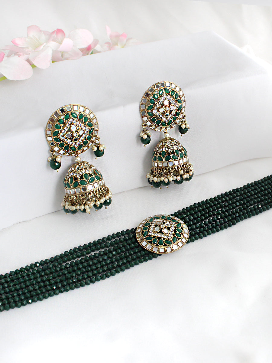 Ishrat Mirror Choker Necklace Set - Green