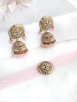 Ishrat Mirror Choker Necklace Set - Pastel pink