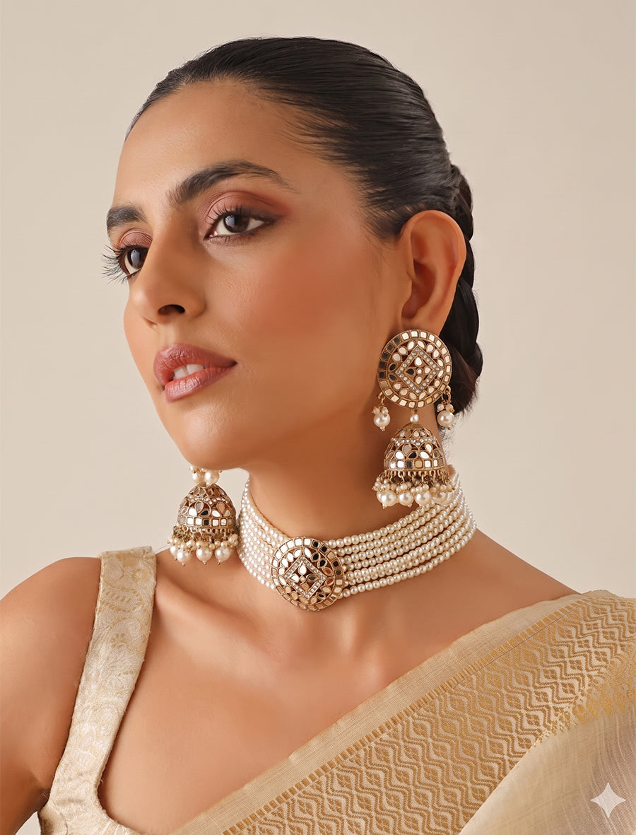 Ishrat Mirror Choker Necklace Set - Gold