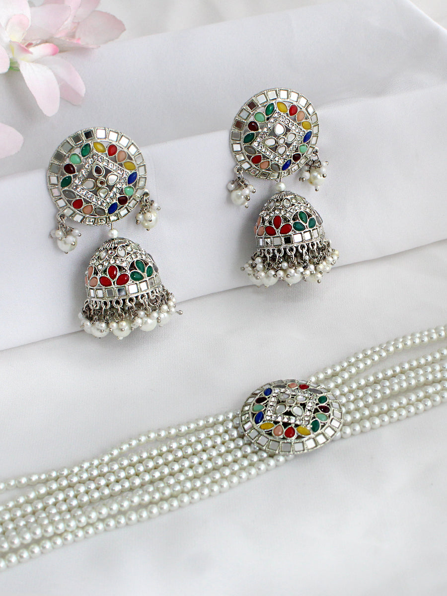 Ishrat Mirror Choker Necklace Set - Multi