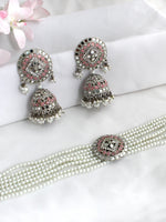 Ishrat Mirror Choker Necklace Set - Pastel Pink