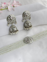 Ishrat Mirror Choker Necklace Set - Silver