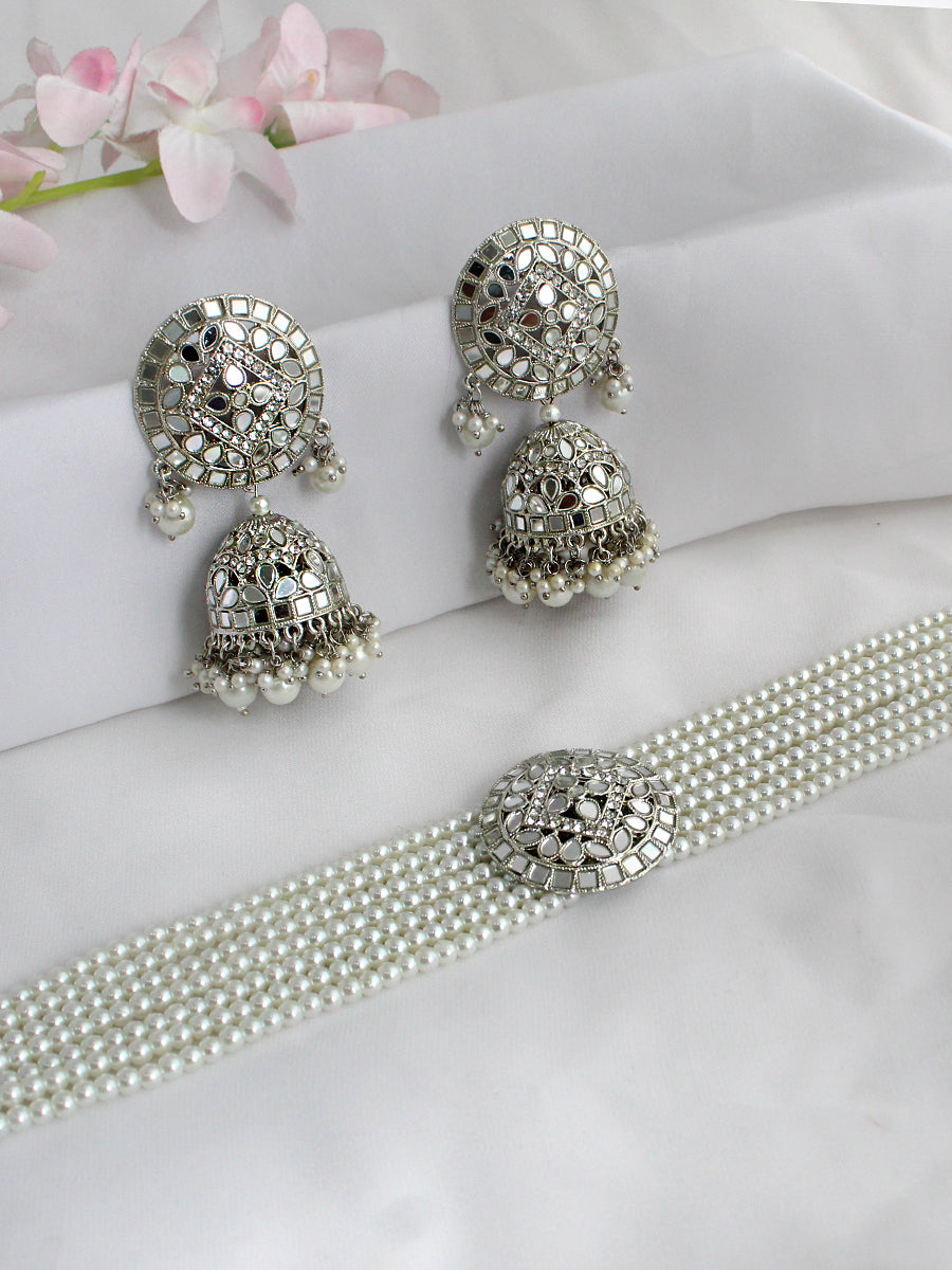 Ishrat Mirror Choker Necklace Set - Silver