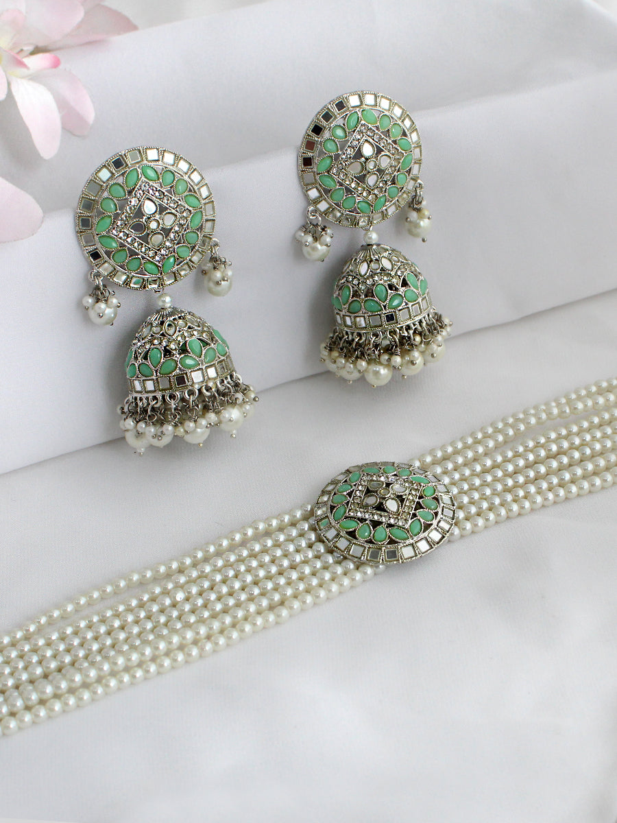 Ishrat Mirror Choker Necklace Set - Mint green