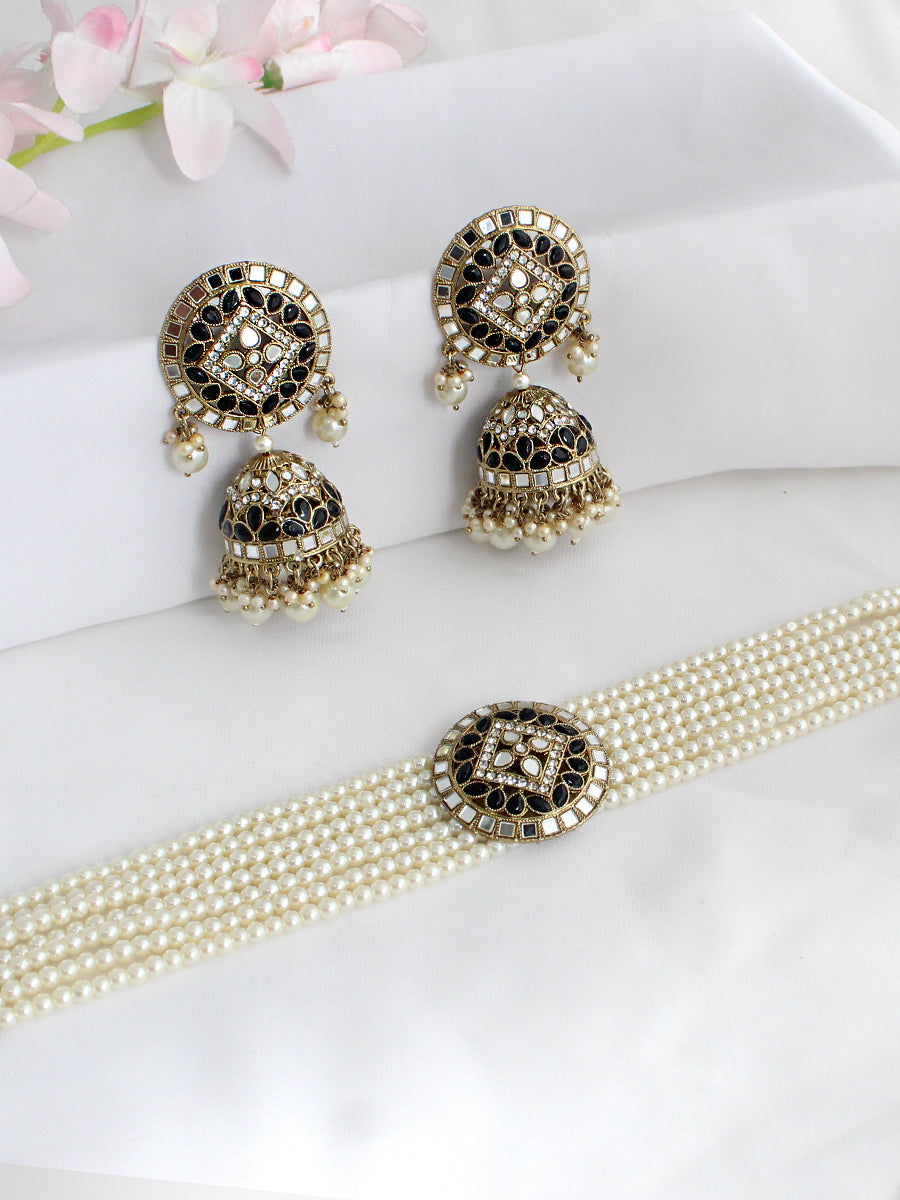 Ishrat Mirror Choker Necklace Set - Black