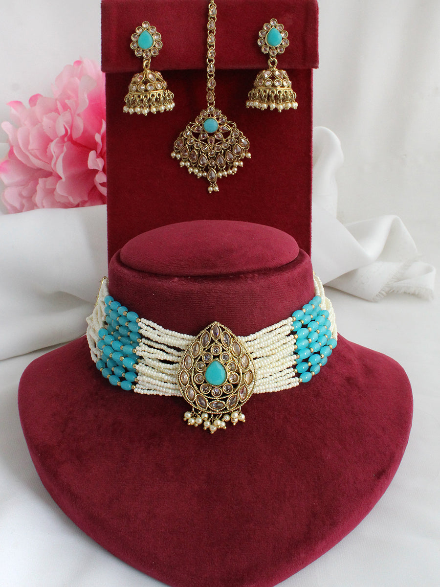 Sia Choker Necklace Set-Aqua