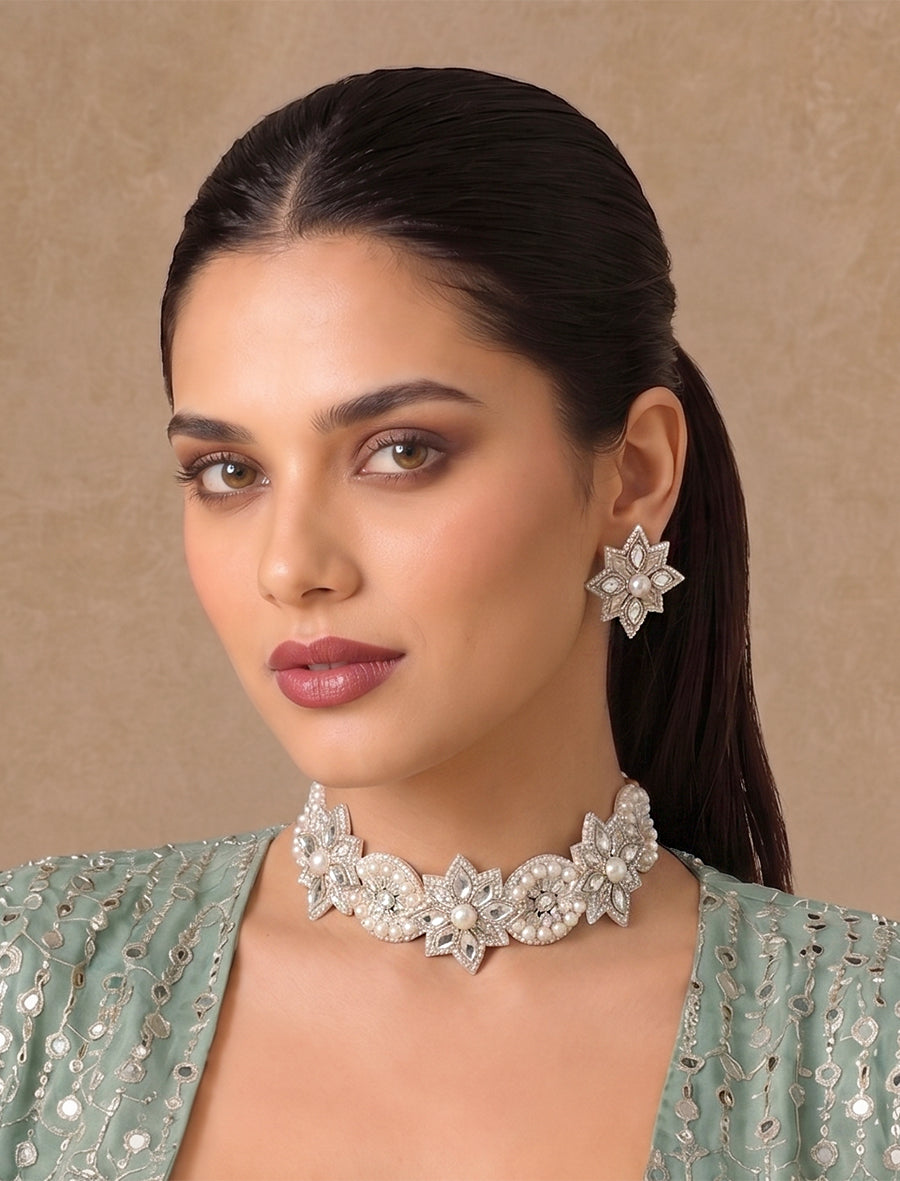 Sara Choker Necklace Set-Pearl