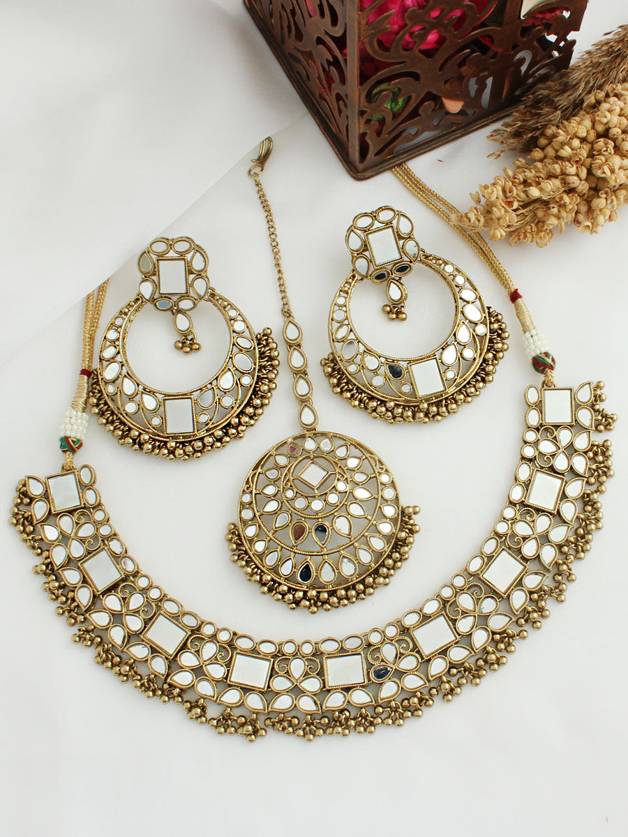 Amyra Mirror Necklace Set Gold Plated Indian Necklace Set | USA Delivery