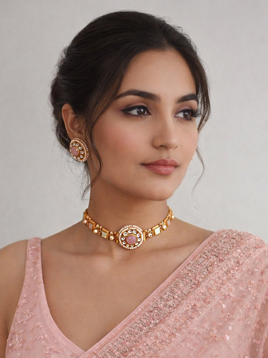 Manya Choker Necklace Set -  Pastel Pink