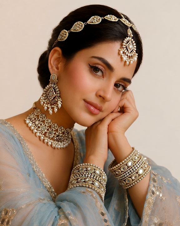 Chetna Mirror Bib Necklace Set - White 
