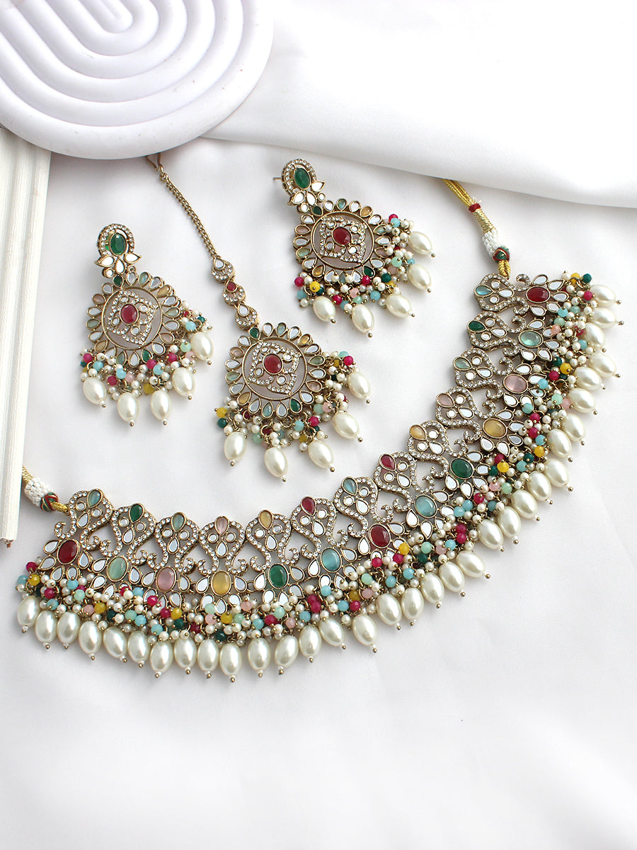 Chetna Mirror Bib Necklace Set  - Multicolor