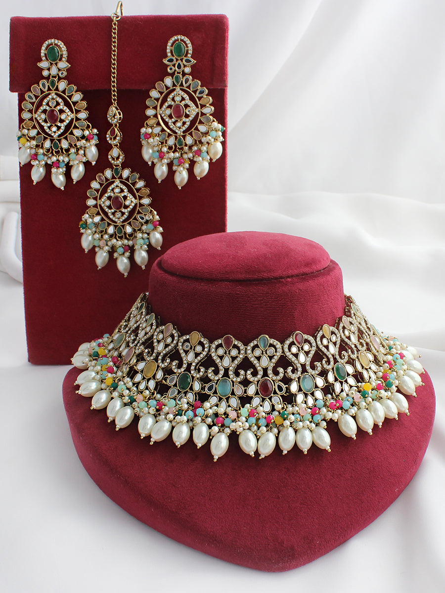 Chetna Mirror Bib Necklace Set  - Multicolor
