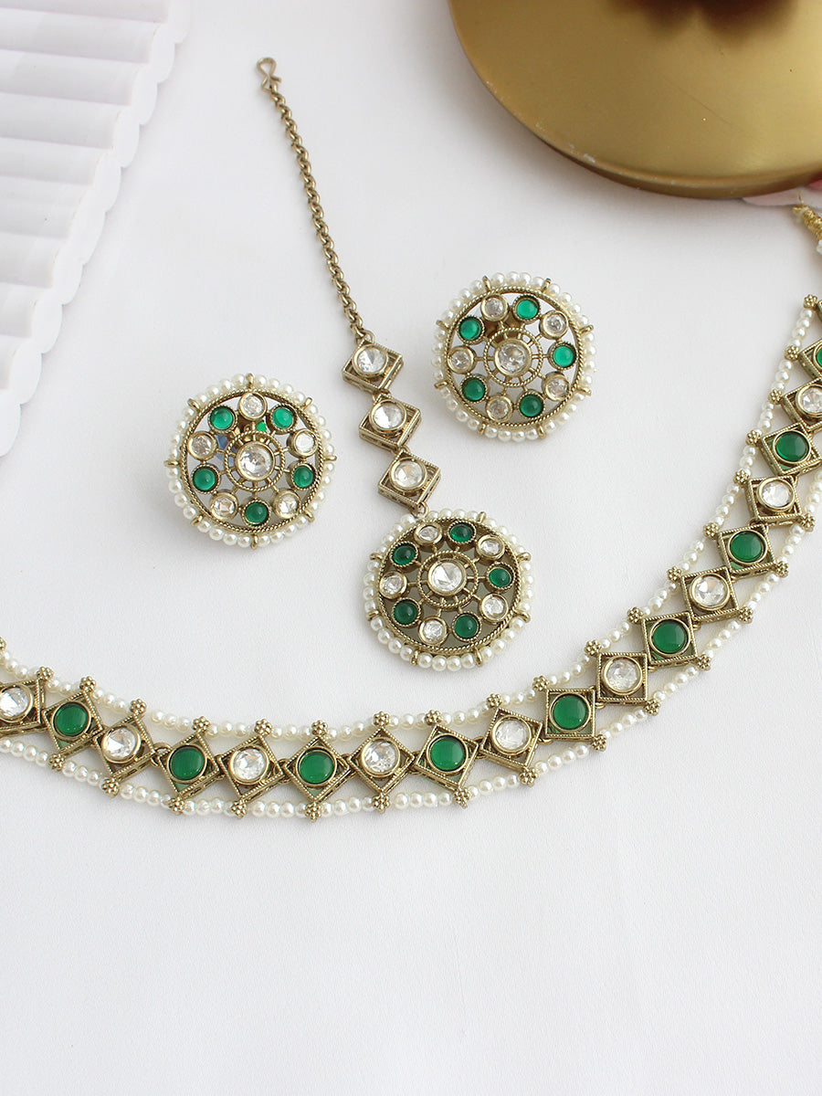 Vihani Choker Necklace set  - Green 
