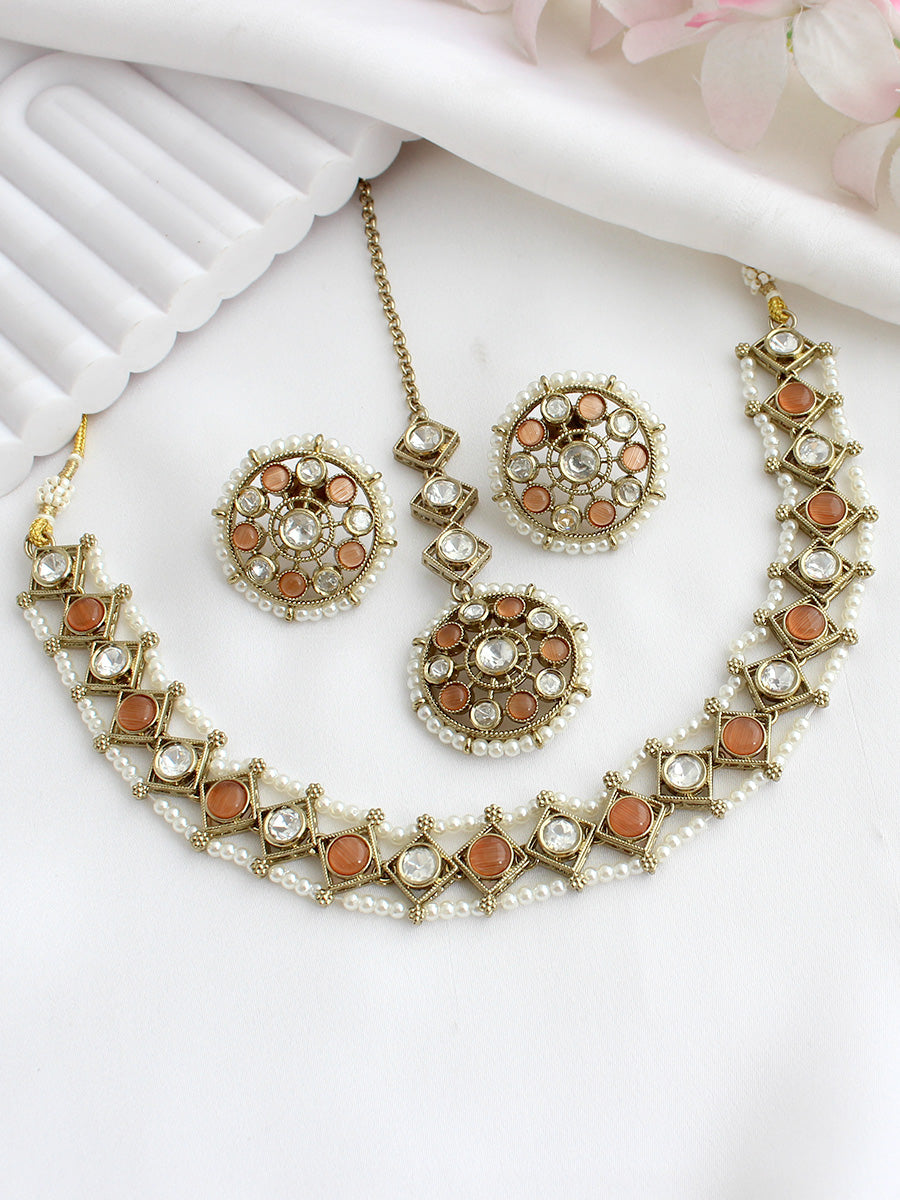 Vihani Choker Necklace set  - Peach 
