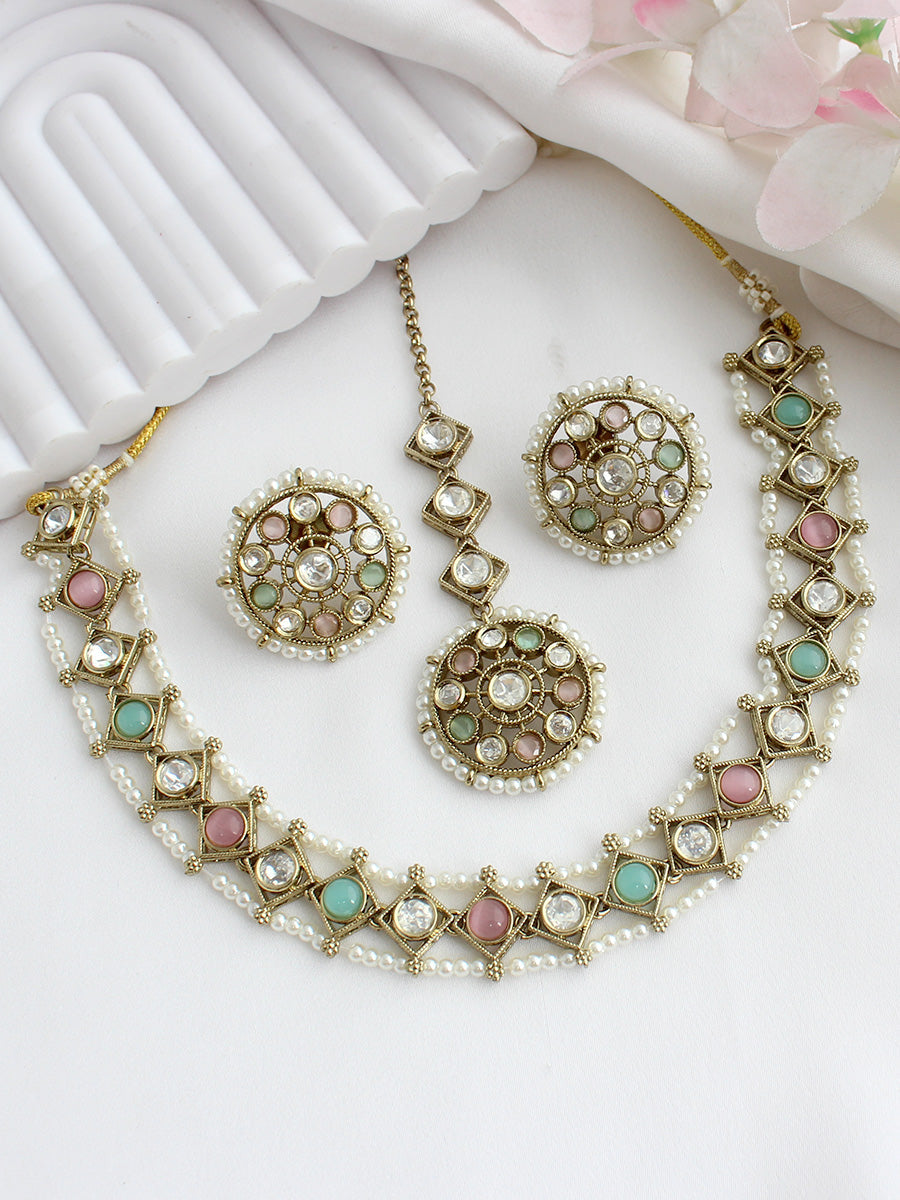 Vihani Choker Necklace set  - Mint - pink
