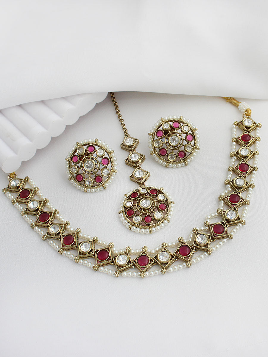 Vihani Choker Necklace set  - Hot pink