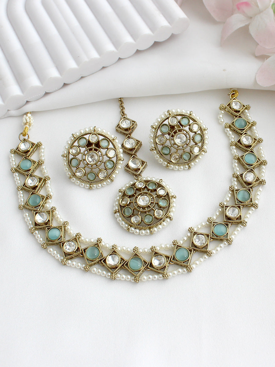 Vihani Choker Necklace set  - Mint Green