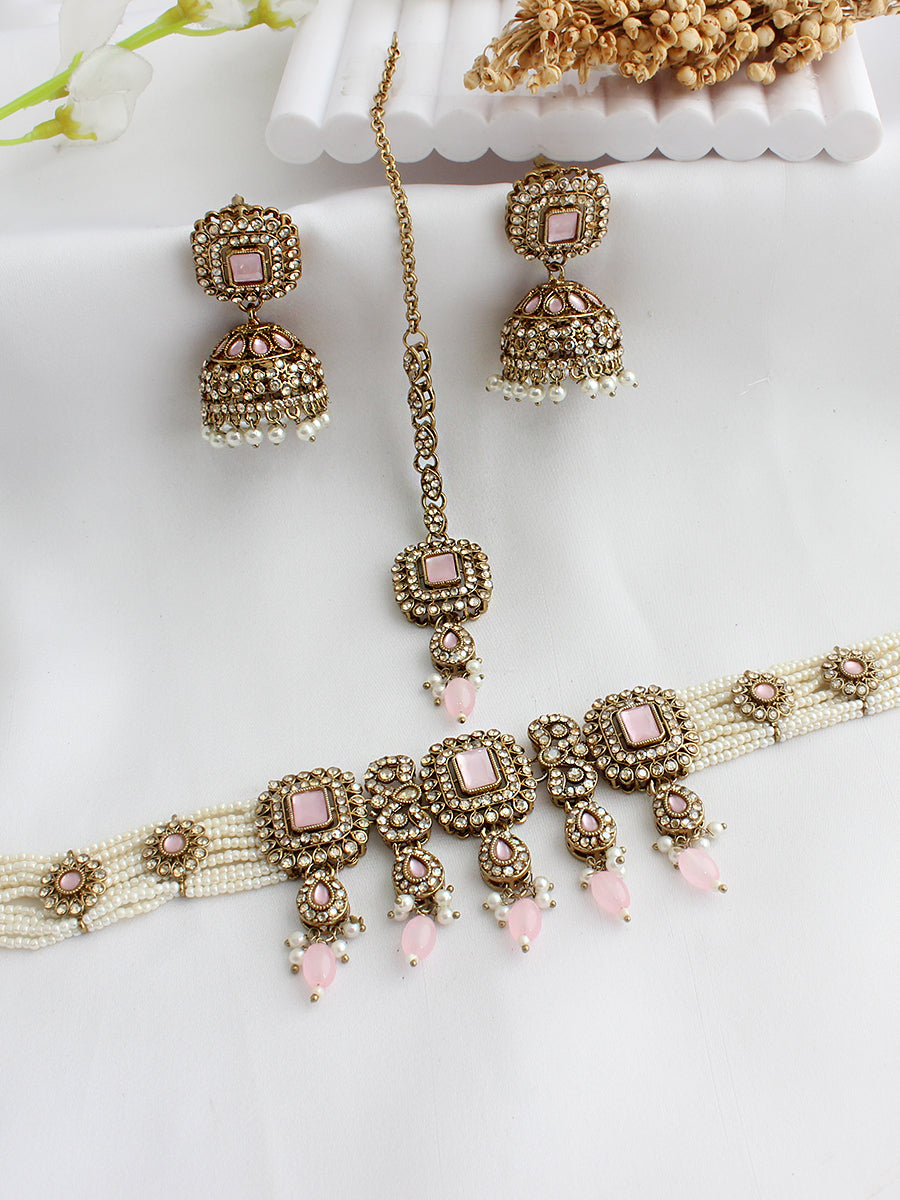 Jivika Choker Necklace Set-Pastel Pink