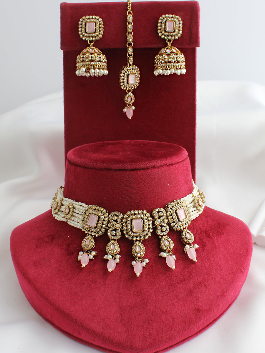 Jivika Choker Necklace Set-Pastel Pink