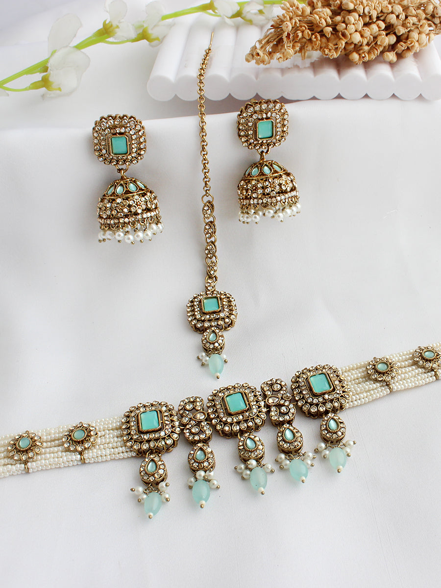 Jivika Choker Necklace Set-Aqua