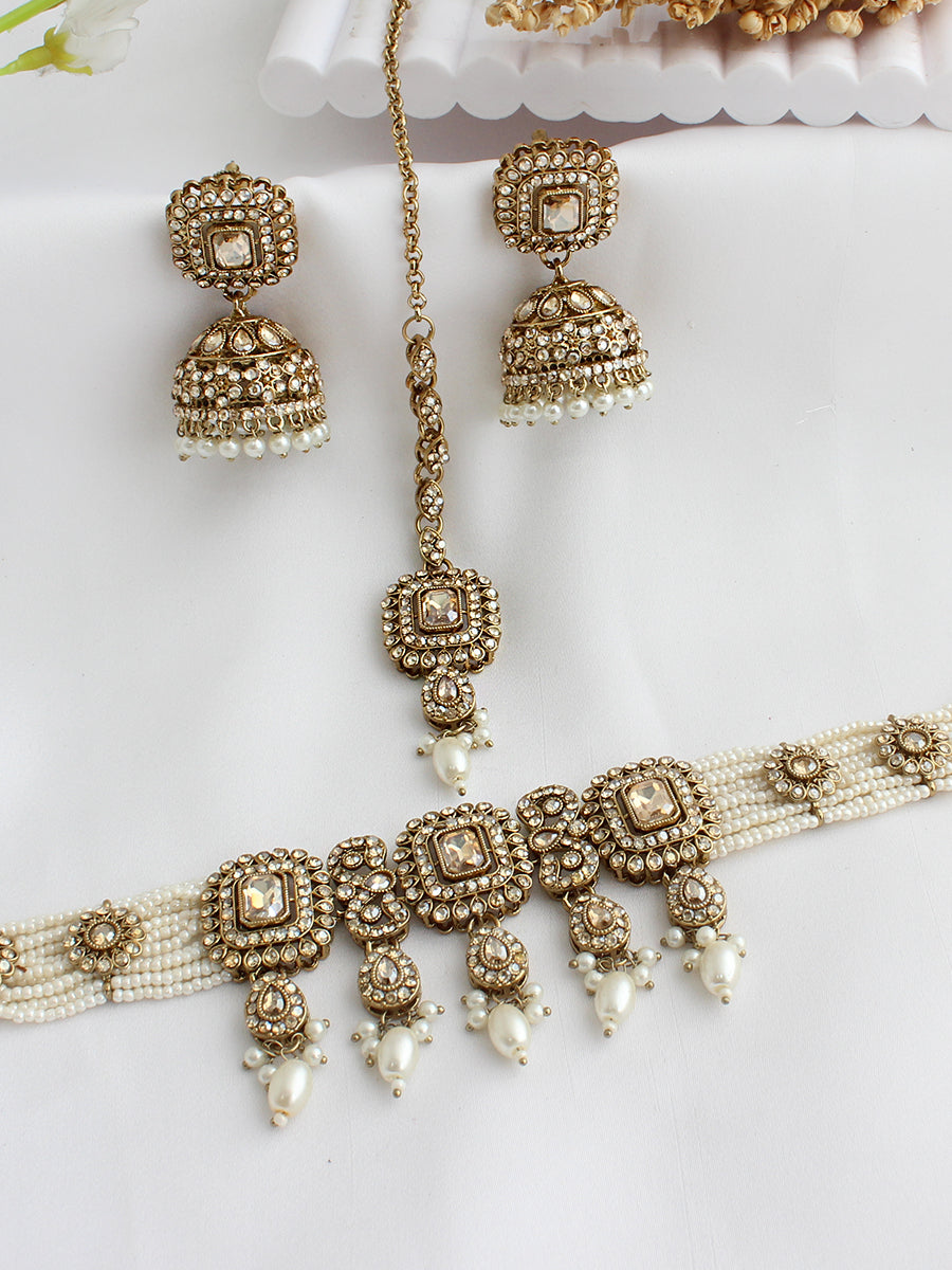 Jivika Choker Necklace Set-Pearl