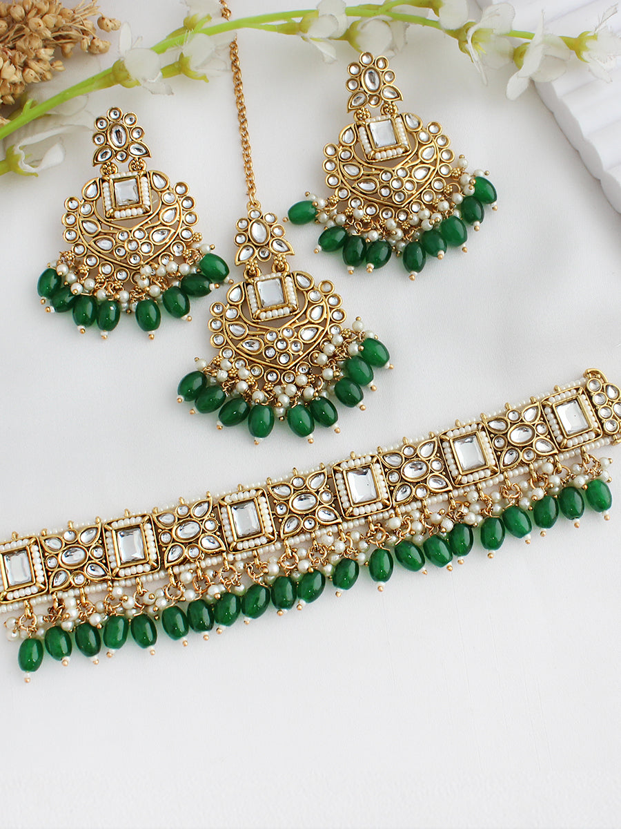 Aneeza Choker Necklace Set-Green