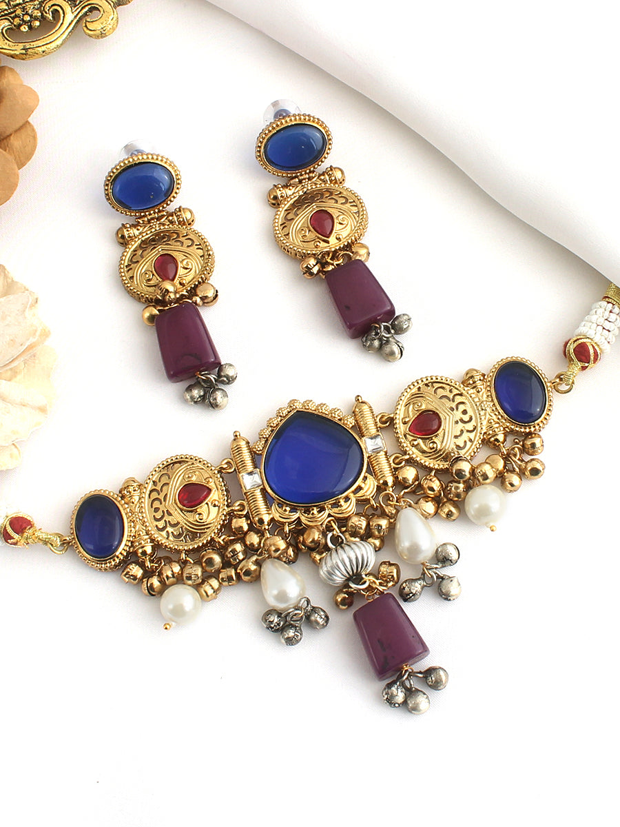 Maya Choker Necklace Set-Blue