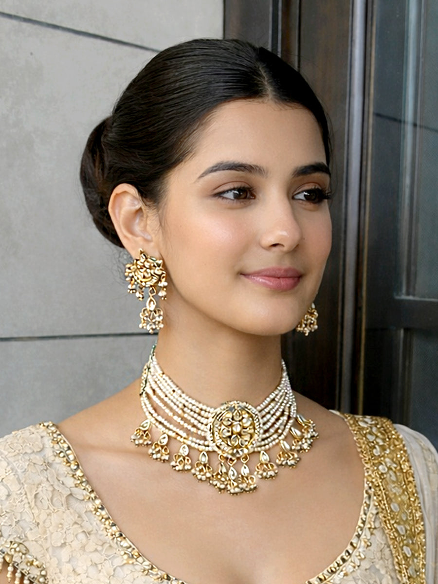 Nihira Choker Necklace Set - Gold