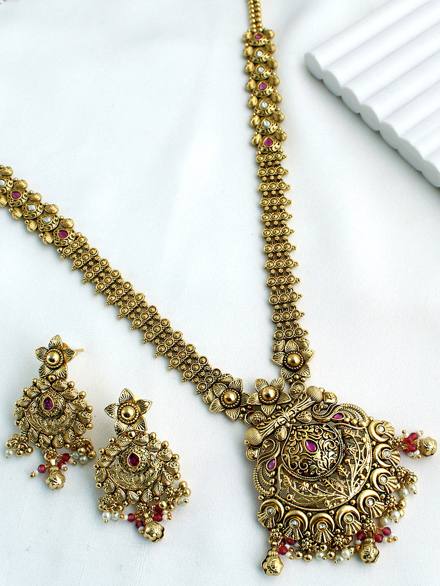 Ambika Long Necklace Set-Hot Pink