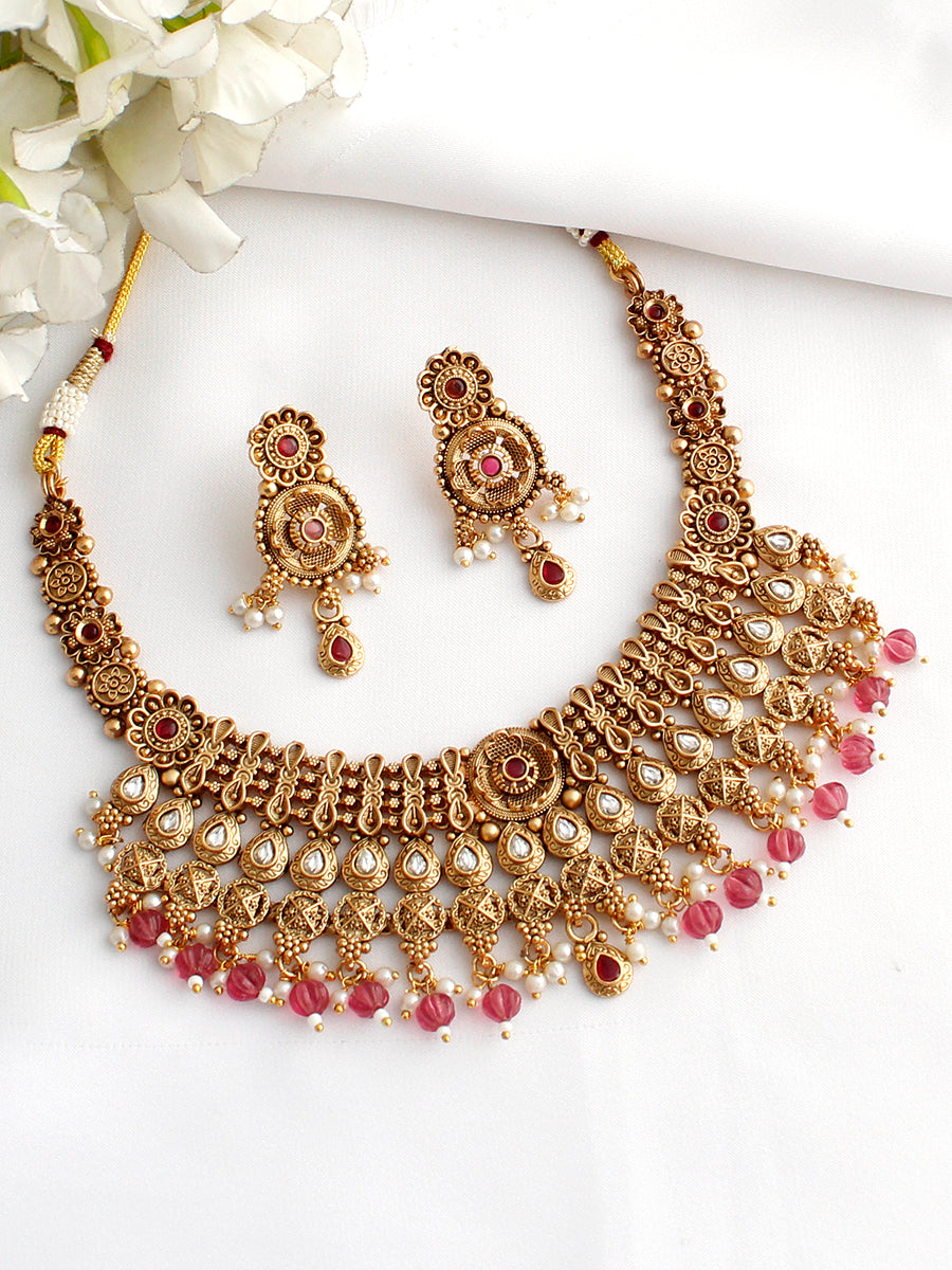 Aarna Bib Necklace Set-Hot Pink