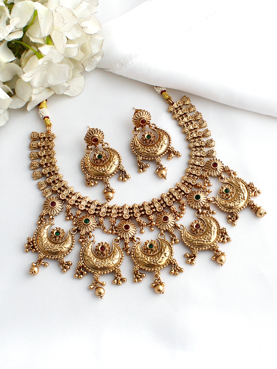 Radhika Bib Necklace Set-Pink / Green