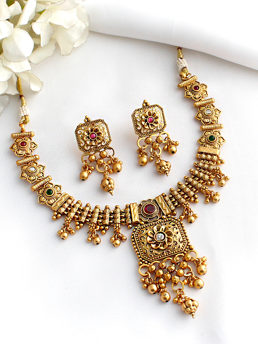 Nandini Bib Necklace Set-Pink/Green