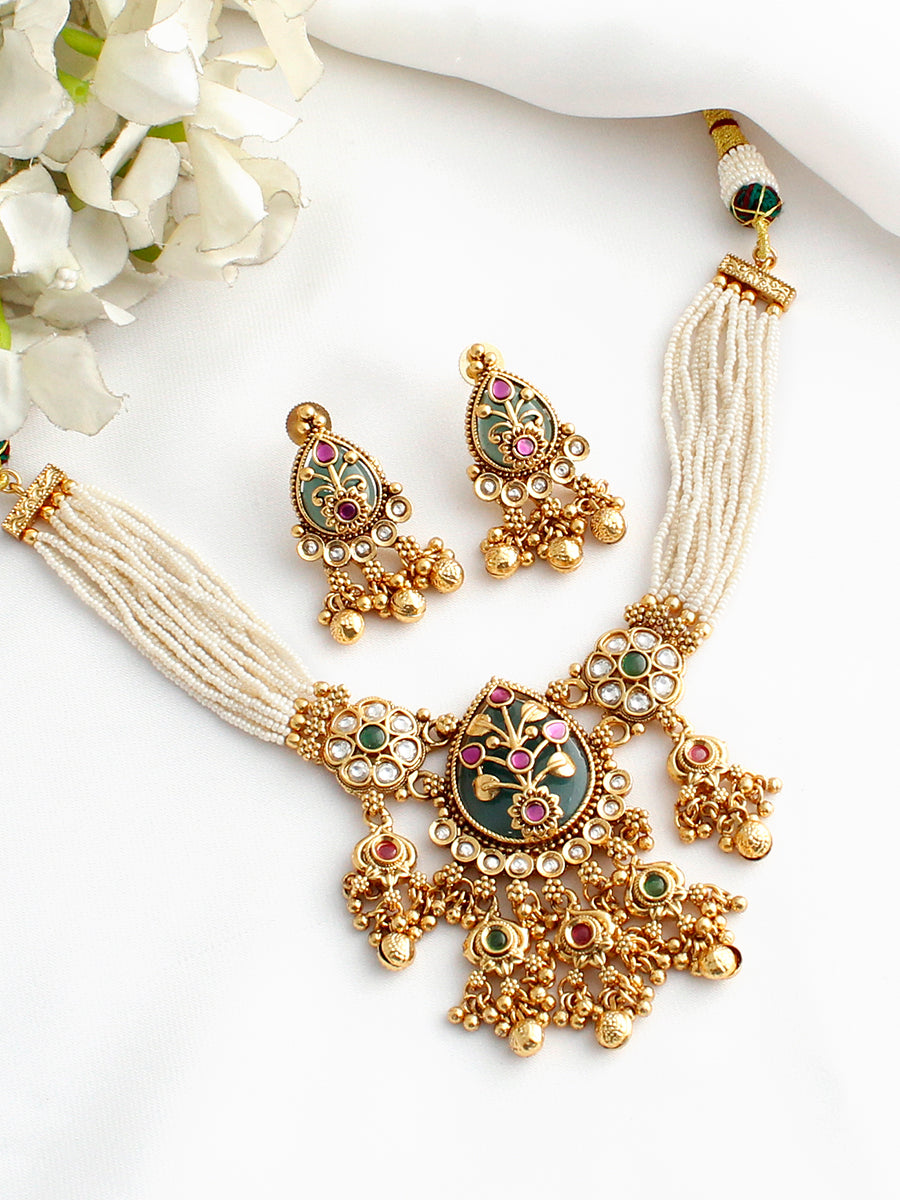 Saanjh Bib Necklace Set-Mint Green