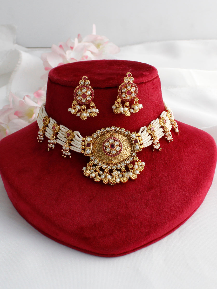 Arnika Choker Necklace Set - Hot Pink