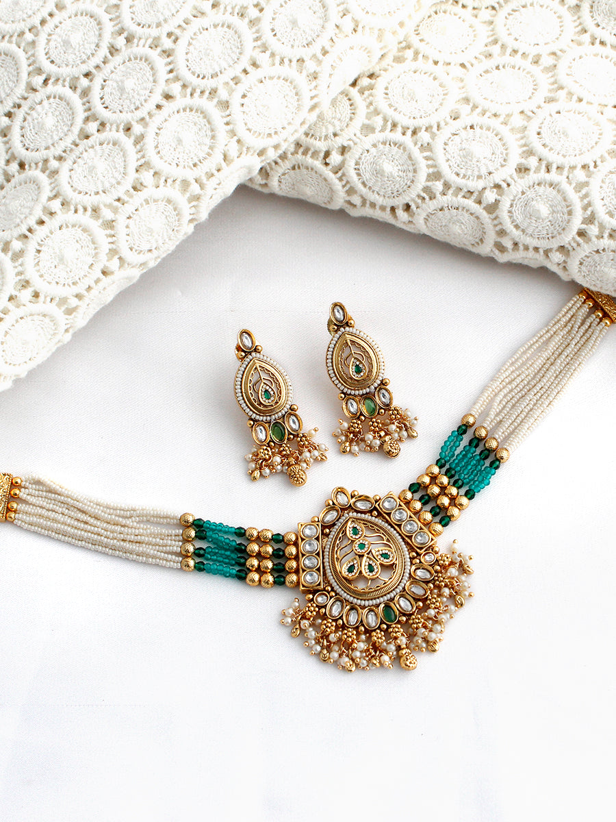 Falguni Choker Necklace Set-Green