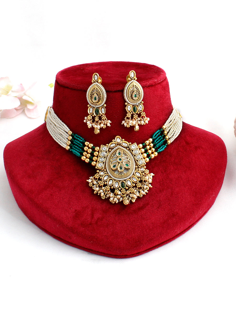 Falguni Choker Necklace Set-Green