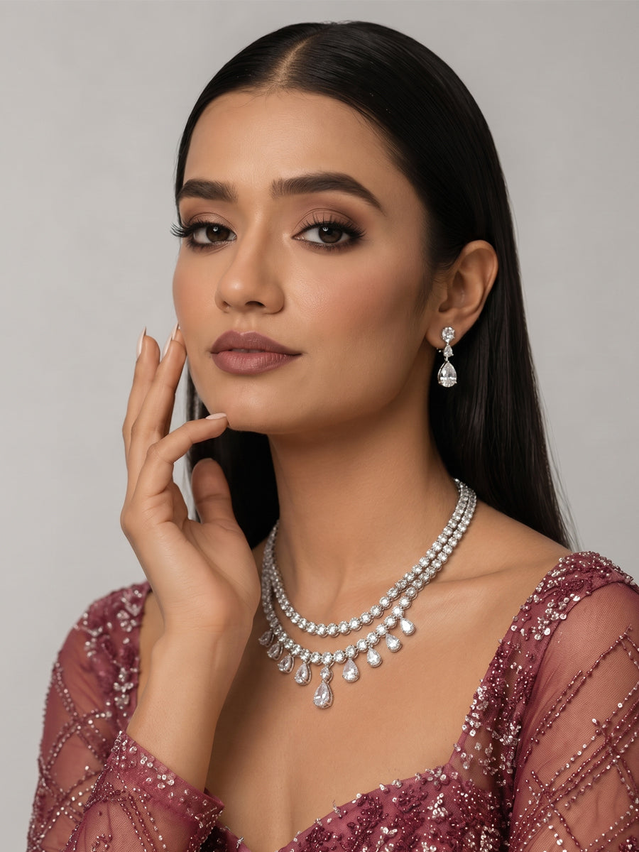 Rasha Necklace Set NRI Favorite Indian Necklace Set with Fast Delivery-silver
