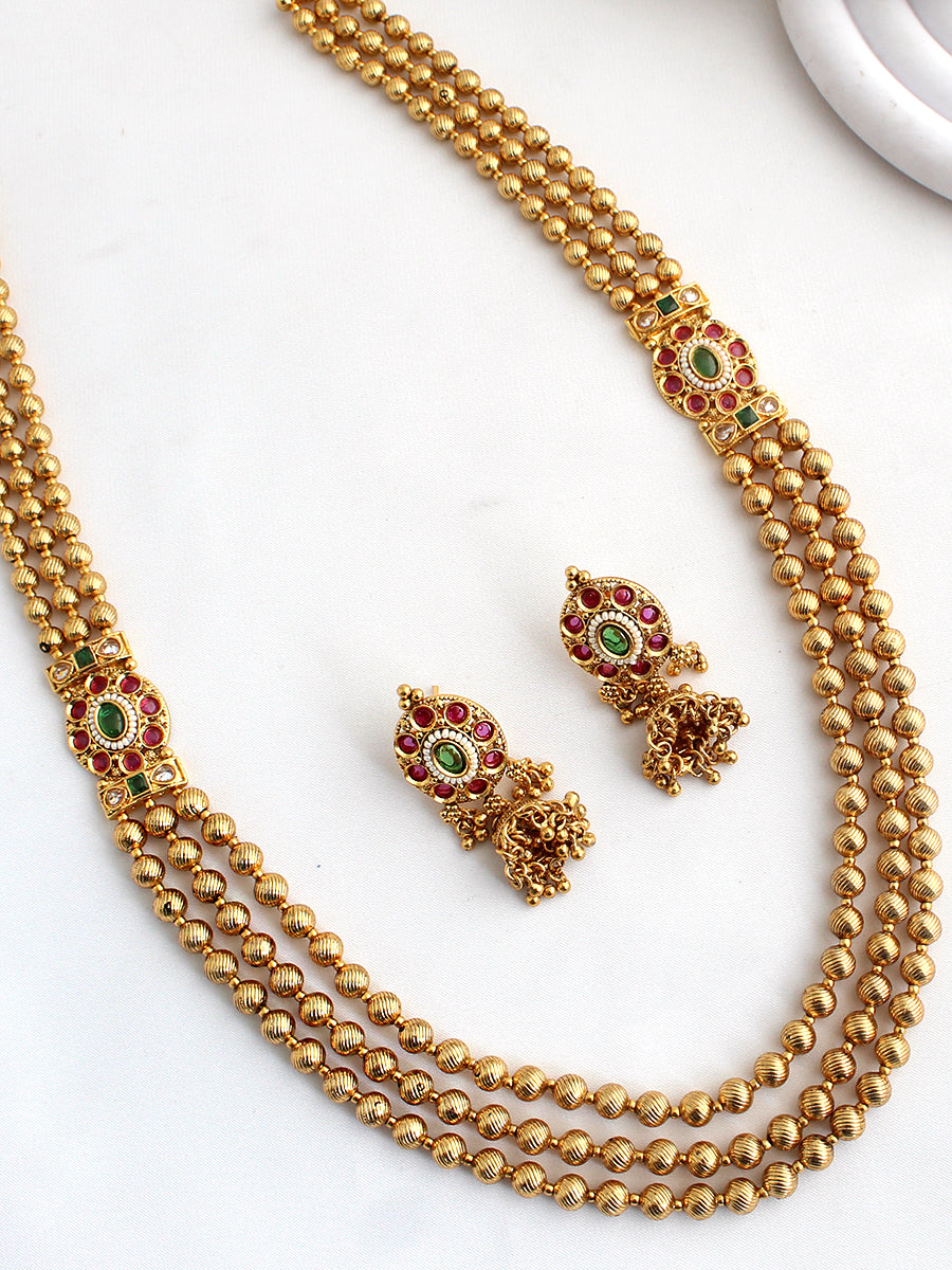 Anandita Long Necklace Set Desi Jewelry Necklace Set for Saree & Lehenga-Pink / Green