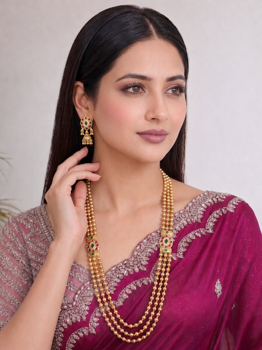 Anandita Long Necklace Set Desi Jewelry Necklace Set for Saree & Lehenga-Pink / Green