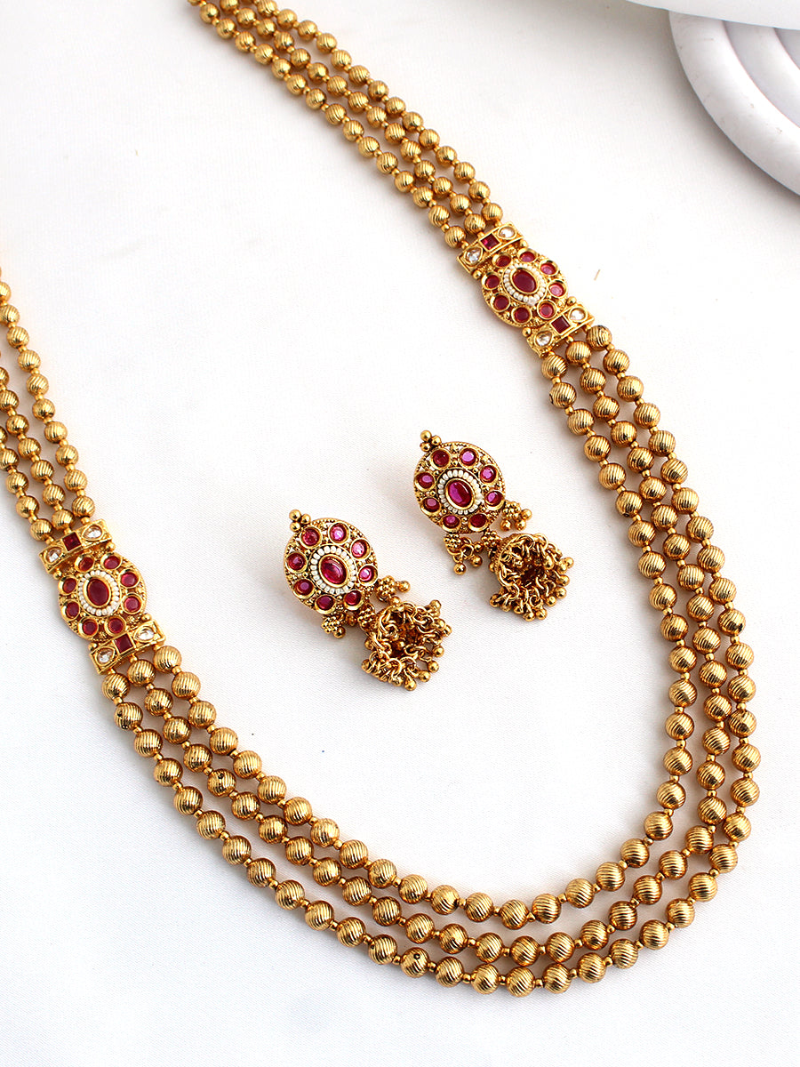 Anandita Long Necklace Set Desi Jewelry Necklace Set for Saree & Lehenga-Hot Pink
