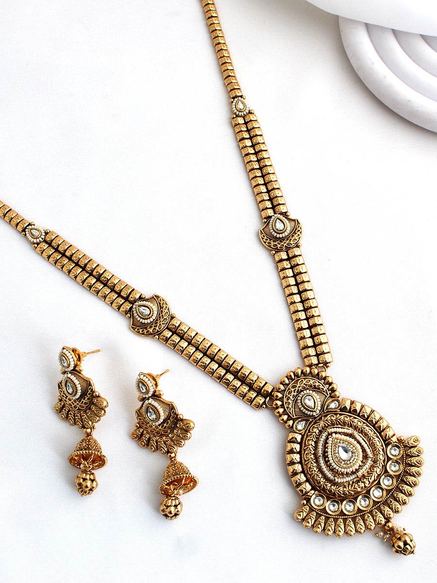 Rshmika Long Necklace Set Temple Jewelry Necklace Set for Ethnic Styling-Gold