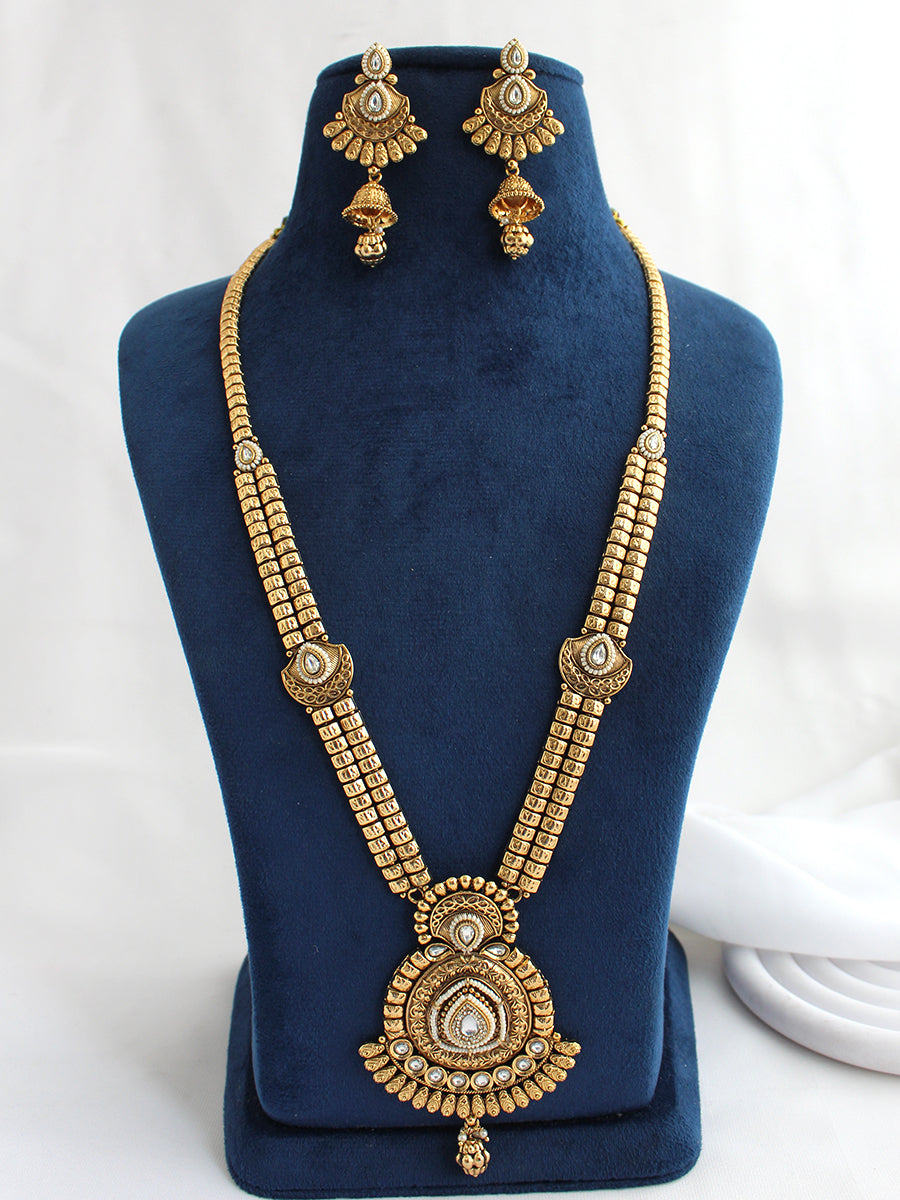 Rshmika Long Necklace Set Temple Jewelry Necklace Set for Ethnic Styling-Gold