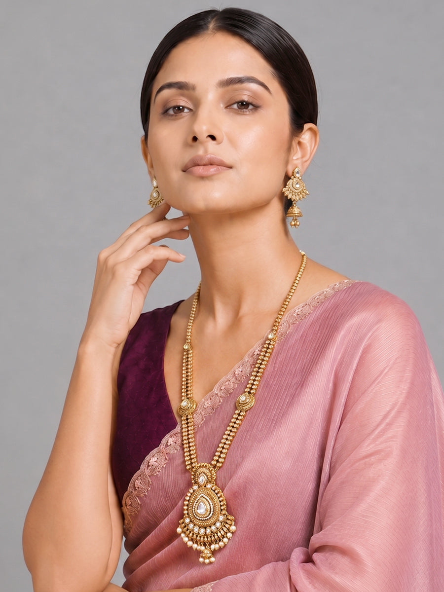 Rshmika Long Necklace Set Temple Jewelry Necklace Set for Ethnic Styling-Gold