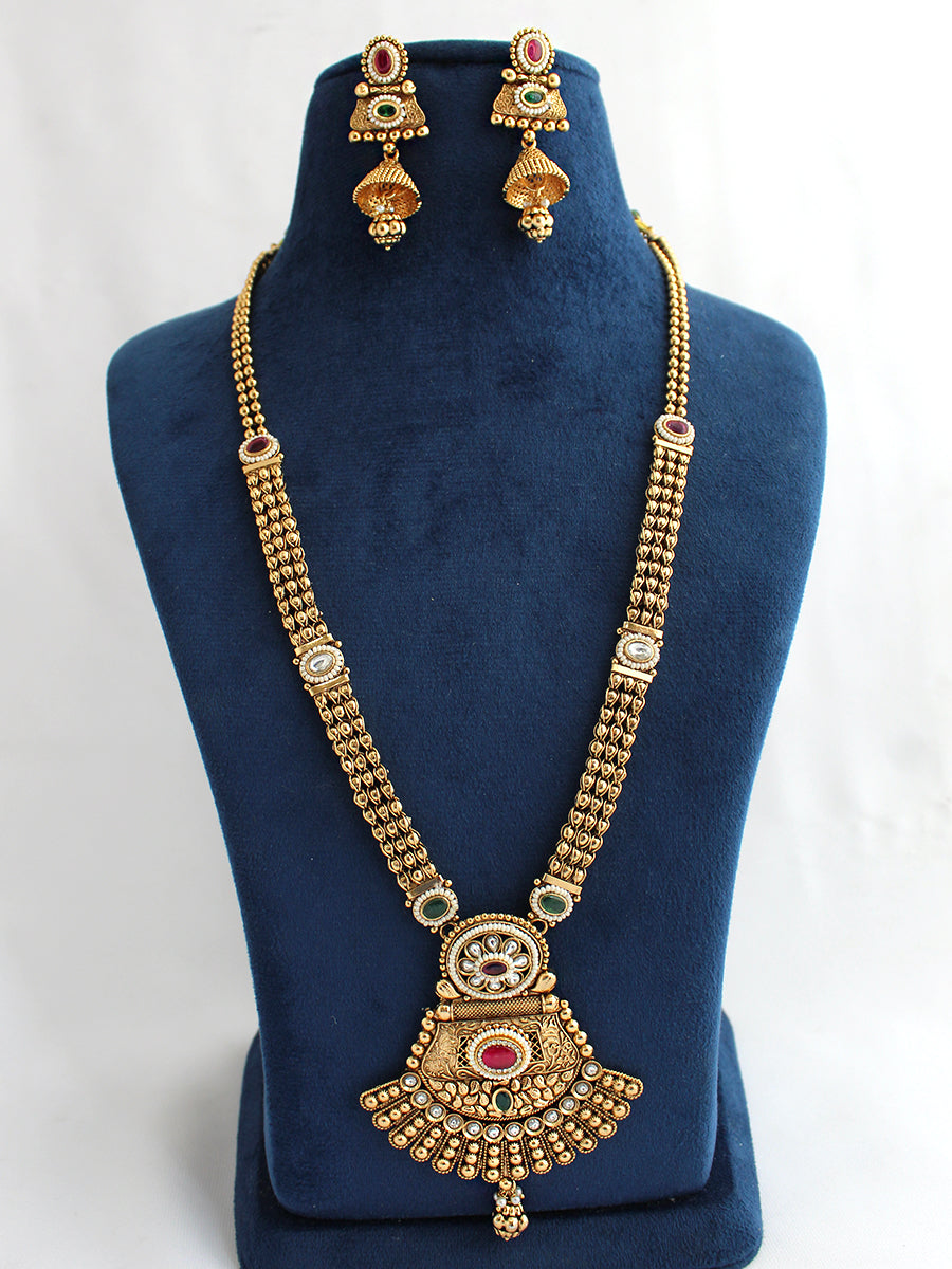 Aditri Long Necklace Set Ethnic Necklace Set for Mehndi & Diwali Looks-Pink / Green