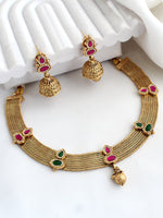 Aditri Bib Necklace Set Temple Jewelry Necklace Set for Ethnic Styling-Pink / Green