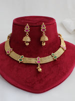 Aditri Bib Necklace Set Temple Jewelry Necklace Set for Ethnic Styling-Pink / Green