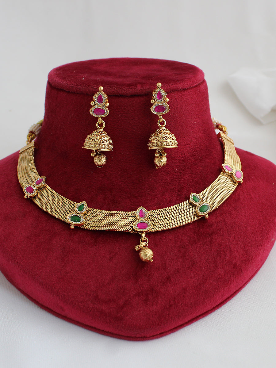 Aditri Bib Necklace Set Temple Jewelry Necklace Set for Ethnic Styling-Pink / Green