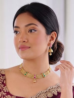 Aditri Bib Necklace Set Temple Jewelry Necklace Set for Ethnic Styling-Pink / Green