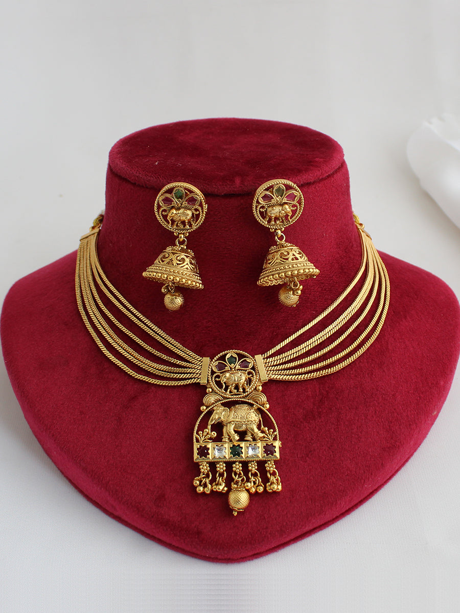 Vaibnavi Necklace Set Antique Temple Necklace Set with Divine Craftsmanship-Maroon / Green